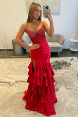 Strapless Red Prom Dress With Beaded Corset Bodice And Tiered Ruffle Skirt Formal Evening Gown