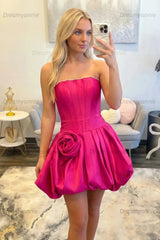 Strapless Rose Accent Satin Mini Short Homecoming Dresses