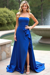 Strapless Royal Blue Wedding Guest Dress A Line Ruffled Long Formal Dress With Slit