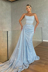 Strapless Sequin Mermaid Long Prom Dress With Panel Train
