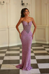 Strapless sequin mermaid prom dress with sweetheart illusion corset bodice, front view