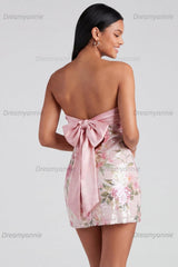 Light Pink Strapless Sequin Floral Bodycon Short Homecoming Dress