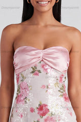 Light Pink Strapless Sequin Floral Bodycon Short Homecoming Dress