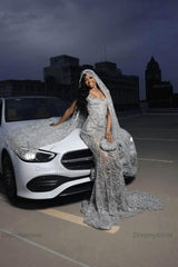 Strapless Silver Prom Dress Sequined Tulle Mermaid Formal Evening Dress