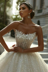 Strapless Sleeveless Beaded Ball Gown Lace Up Cathedral Train Bridal Gown With Appliques