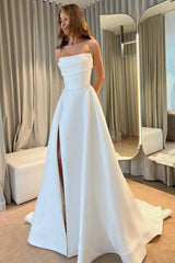 Strapless Sleeveless Court Train Satin Wedding Dress With Split Front