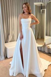 Strapless Sleeveless Court Train Satin Wedding Dress With Split Front