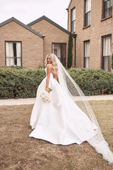 Strapless Sleeveless Satin Ball Gown Wedding Dress With Sweep Train and Split Front
