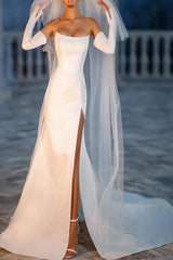 Strapless Sleeveless Satin Sweep Train Wedding Dress