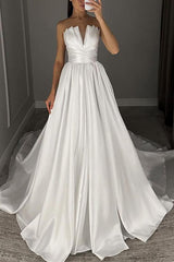 Strapless Sleeveless Satin Wedding Dress With Ruffle
