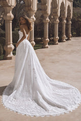 Dreamyannie Strapless Beach Wedding Dress Corset Lace Appliques Bridal Gown with Detachable Train