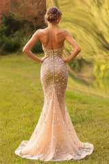 Strapless Prom Dress Mermaid Rhinestones Champagne Formal Dress