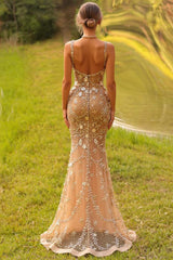 Champagne Prom Dress Spaghetti Straps Rhinestones Mermaid Formal Dress
