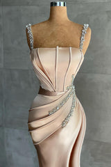 Straps Beadings Long Mermaid Prom Dress Split Evening Gowns