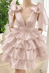 Straps V Neck Homecoming Dress Sleeveless Short Cocktail Dress With Ruffles