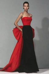 Stunning Black And Red Strapless Long Mermaid Prom Dress With Bow