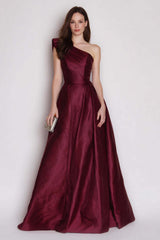 Stunning Burgundy One Shoulder A Line Long Satin Prom Dress