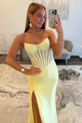 Stunning Glitter Yellow Strapless Beaded Corset Style Prom Gown With High Slit Formal Evening Gown