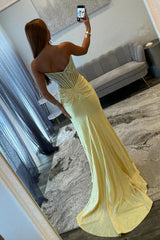 Stunning Glitter Yellow Strapless Beaded Corset Style Prom Gown With High Slit Formal Evening Gown