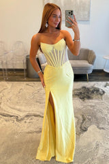 Stunning Glitter Yellow Strapless Beaded Corset Style Prom Gown With High Slit Formal Evening Gown