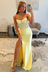 Stunning Glitter Yellow Strapless Beaded Corset Style Prom Gown With High Slit Formal Evening Gown