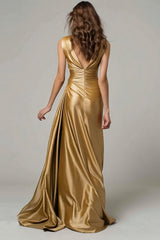 Stunning Gold V-Neck Ruched Mermaid Long Prom Dress