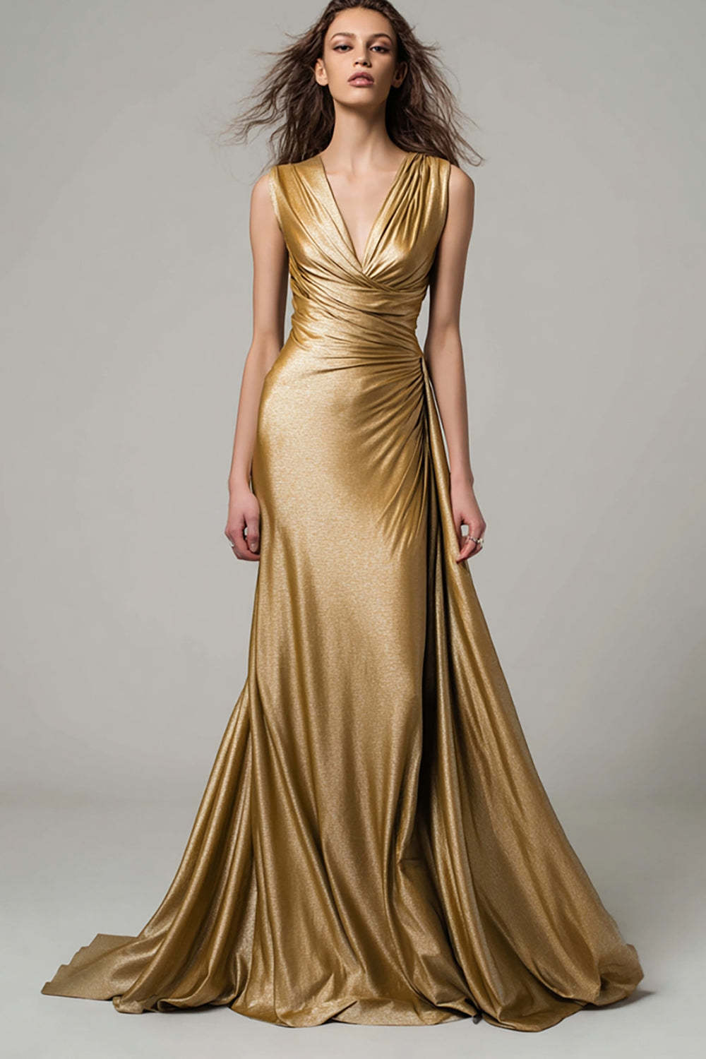 Stunning Gold V-Neck Ruched Mermaid Long Prom Dress