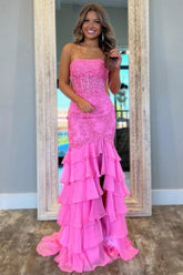 Stunning Mermaid Strapless Zipper Back Lace Corset Prom Dress With Ruffle Skirt Formal Evening Gown