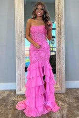 Stunning Mermaid Strapless Zipper Back Lace Corset Prom Dress With Ruffle Skirt Formal Evening Gown