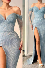 Stunning Off The Shoulder Mermaid Evening Dress Long Sleeves with Sweetheart Beadings