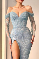Stunning Off The Shoulder Mermaid Evening Dress Long Sleeves with Sweetheart Beadings