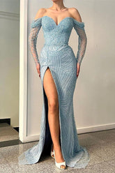 Stunning Off The Shoulder Mermaid Evening Dress Long Sleeves with Sweetheart Beadings