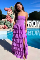 Stylish A Line Strapless Purple Long Prom Dress With Ruffles Split Front Formal Evening Gown