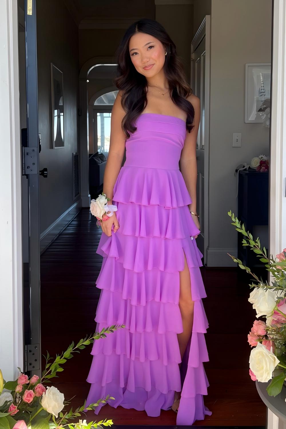 Stylish A Line Strapless Purple Long Prom Dress With Ruffles Split Front Formal Evening Gown