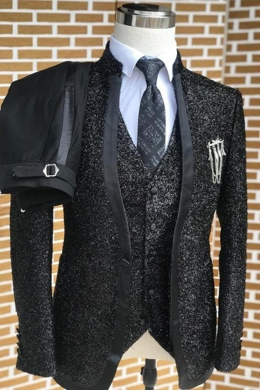 Stylish Black Sequins Shawl Lapel 3 Piece Wedding Suit