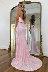 Stylish Blush Pink Halter Satin Top Two Piece Mermaid Prom Dress With Pearls Formal Evening Gown