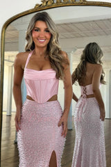 Stylish Blush Pink Halter Satin Top Two Piece Mermaid Prom Dress With Pearls Formal Evening Gown