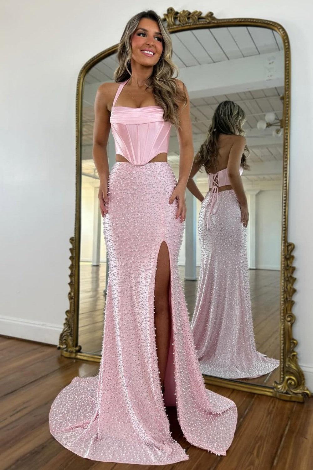 Stylish Blush Pink Halter Satin Top Two Piece Mermaid Prom Dress With Pearls Formal Evening Gown