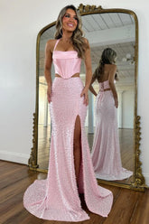Stylish Blush Pink Halter Satin Top Two Piece Mermaid Prom Dress With Pearls Formal Evening Gown