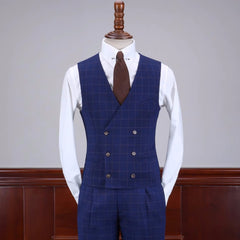Stylish Dark Blue Plaid Notched Lapel 3 Piece Business Suit