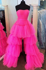 Stylish High Low Strapless Fuchsia Homecoming Dress Cocktail Party Dresses with Ruffles