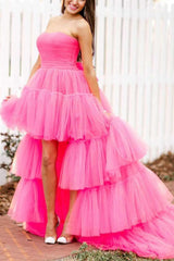 Stylish High Low Strapless Fuchsia Homecoming Dress Cocktail Party Dresses with Ruffles