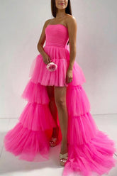 Stylish High Low Strapless Fuchsia Homecoming Dress Cocktail Party Dresses with Ruffles