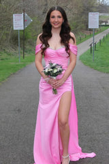Stylish Mermaid Off The Shoulder Pink Long Prom Dress With Split Front Beading Formal Evening Gown