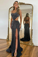 Stylish Mermaid Prom Dress With Glitter Fabric Spaghetti Straps And Waist Hollow Detail Formal Evening Gown