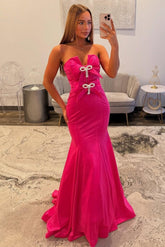 Stylish Mermaid Sweetheart Hot Pink Long Prom Dress With Bowknot Beading Formal Evening Gown