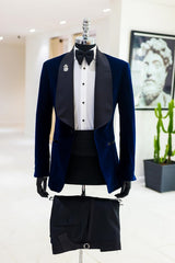 Stylish Navy Blue Shawl Lapel 2 Piece Velvet Wedding Suit
