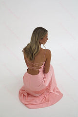 Stylish Sheath Spaghetti Straps Pink Party Dress With Criss Cross Back Formal Evening Gown