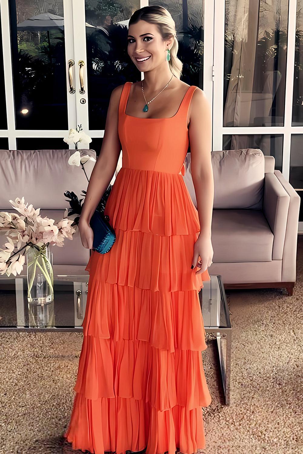 Sunset Orange Backless Tiered Ruffle Prom Dress With Oversized Bow Formal Evening Gown