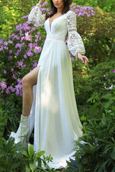 Sweep Train Chiffon/Lace Wedding Dress with A Line V Neck and Long Sleeves